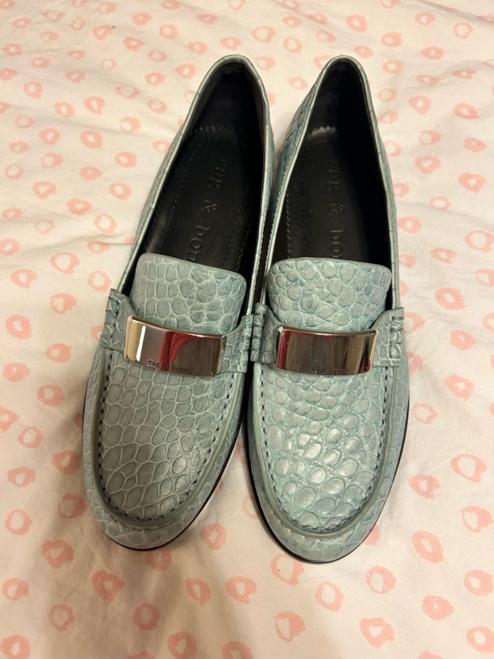 rag & bone Light Blue Croc-Embossed Leather Loafers with Silver Accent